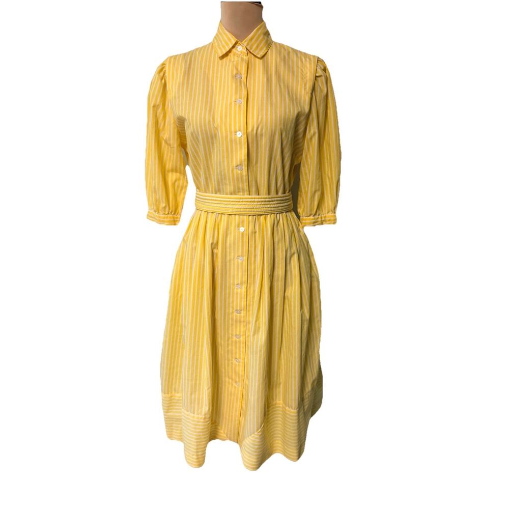 Vintage 80s Dress Midi A-line Sz 12 Retro Butter Yellow Belted Pinup Rockabilly